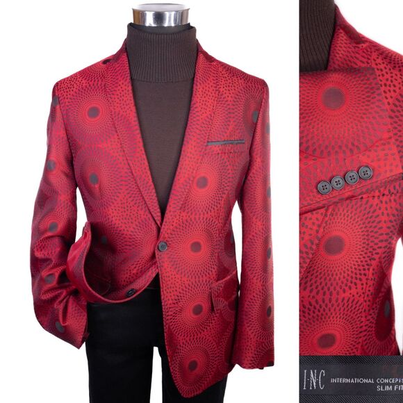 INC Men's M 40 Blazer Jacket Red Black Geometric Slim Fit Dinner Coat Two Button - Picture 1 of 13